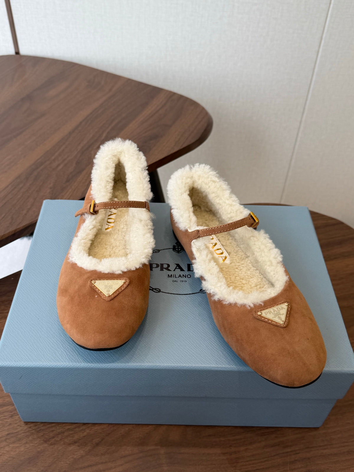 Prada Mary Jane Ballerina Flats Beige Suede Shearling 158582
