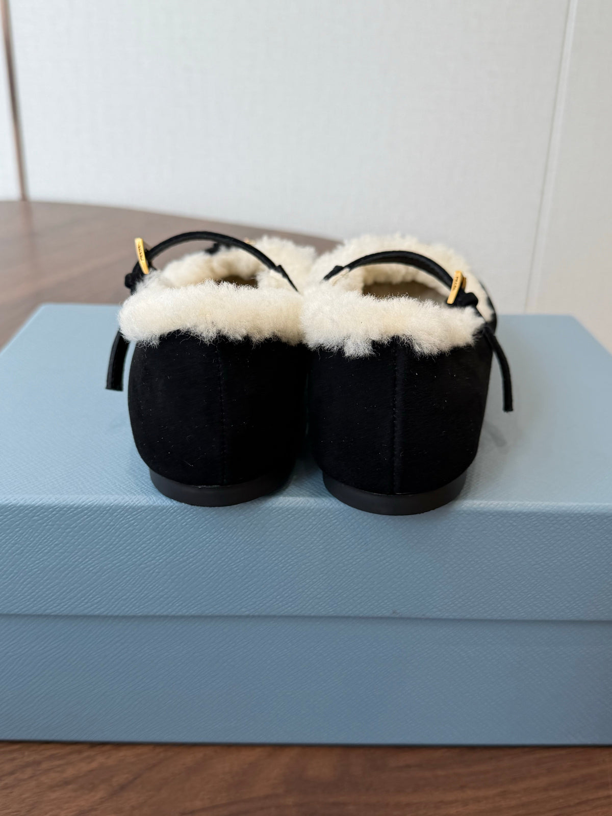 Prada Mary Jane Ballerina Flats Black Suede Shearling 158583