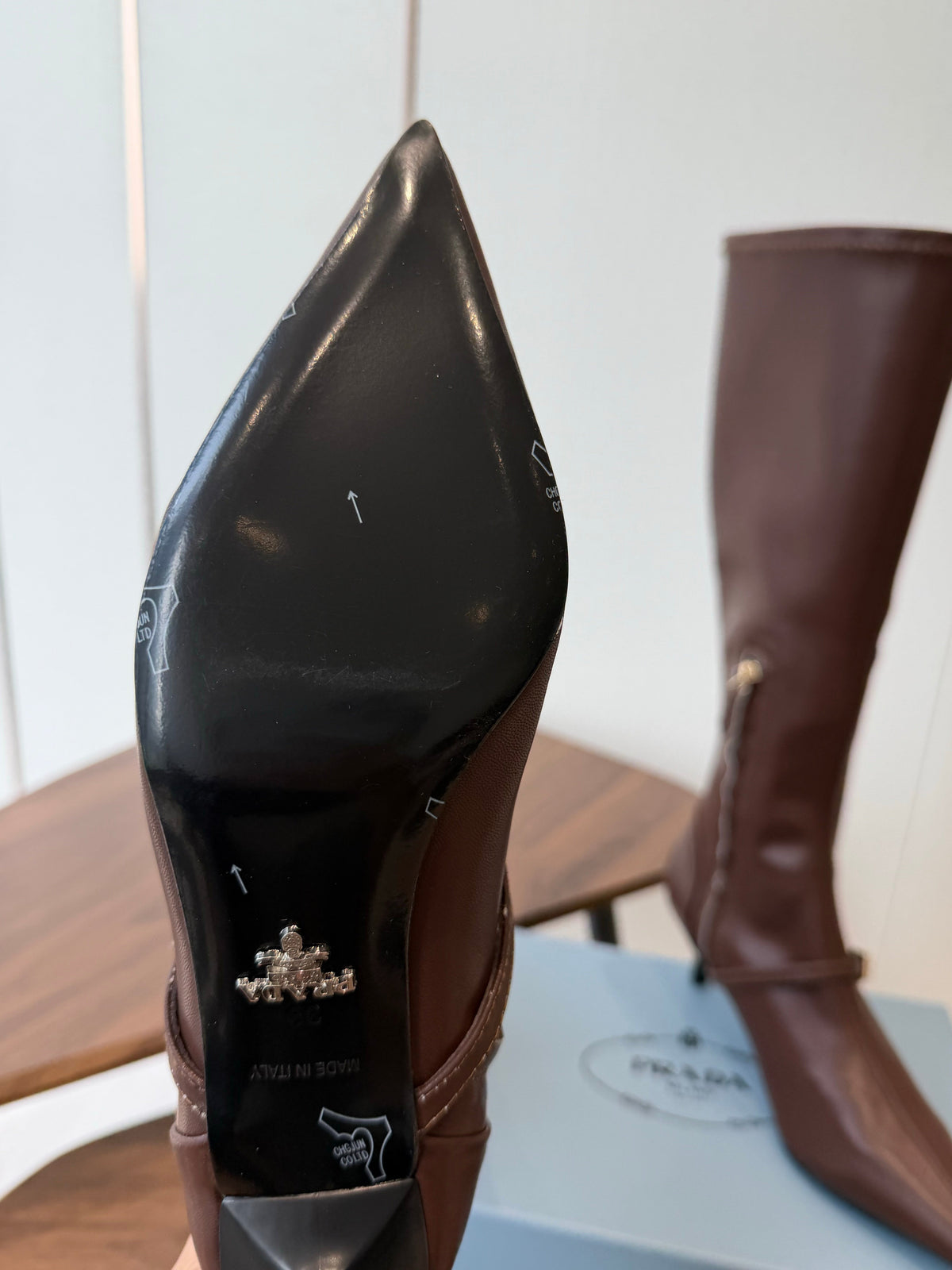Prada Pointed-Toe Kitten-Heel Knee-High Boots Brown Leather 158585