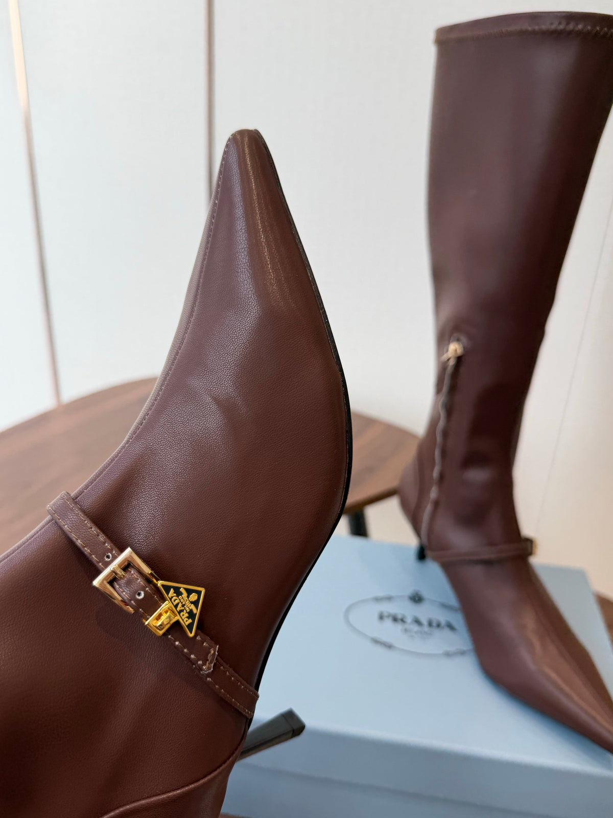 Prada Pointed-Toe Kitten-Heel Knee-High Boots Brown Leather 158585