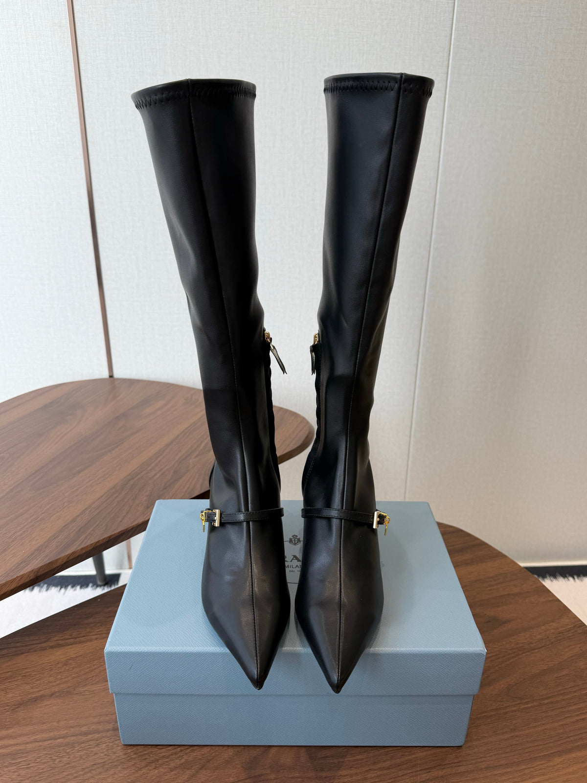 Prada Pointed-Toe Kitten-Heel Knee-High Boots Black Leather 158586