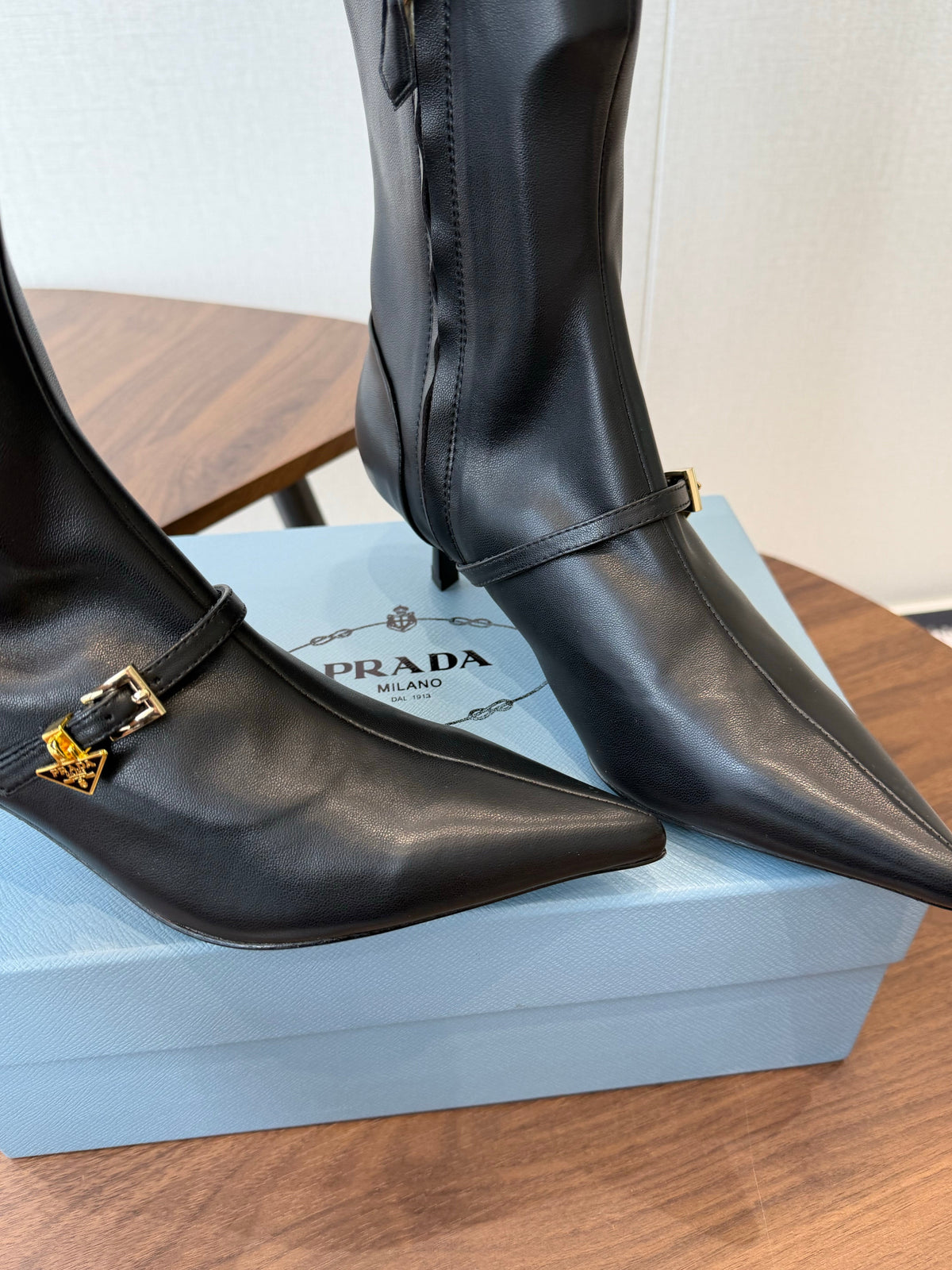 Prada Pointed-Toe Kitten-Heel Knee-High Boots Black Leather 158586