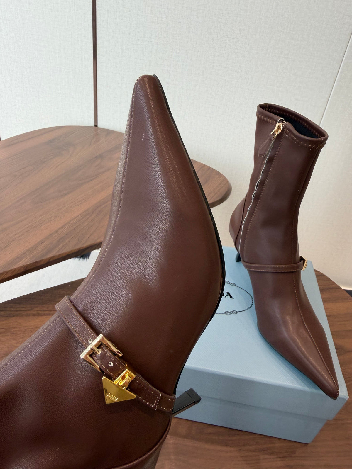 Prada Pointed-Toe Kitten-Heel Boots Brown Leather 158588