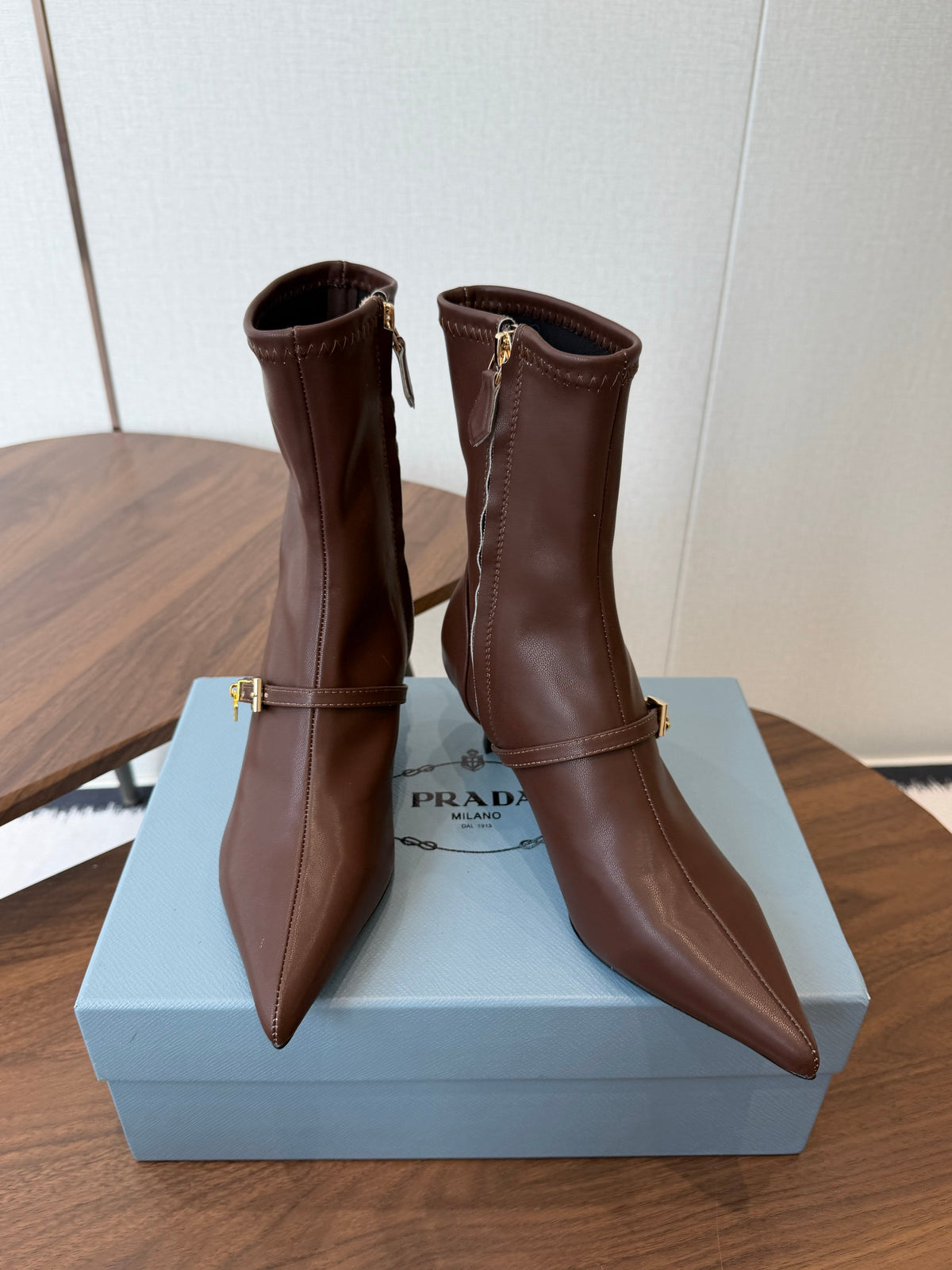 Prada Pointed-Toe Kitten-Heel Boots Brown Leather 158588