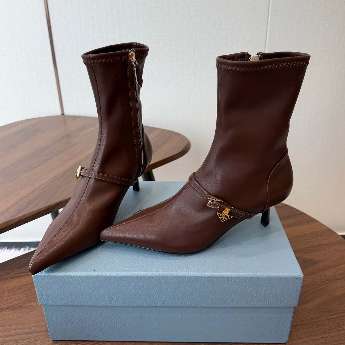 Prada Pointed-Toe Kitten-Heel Boots Brown Leather 158588