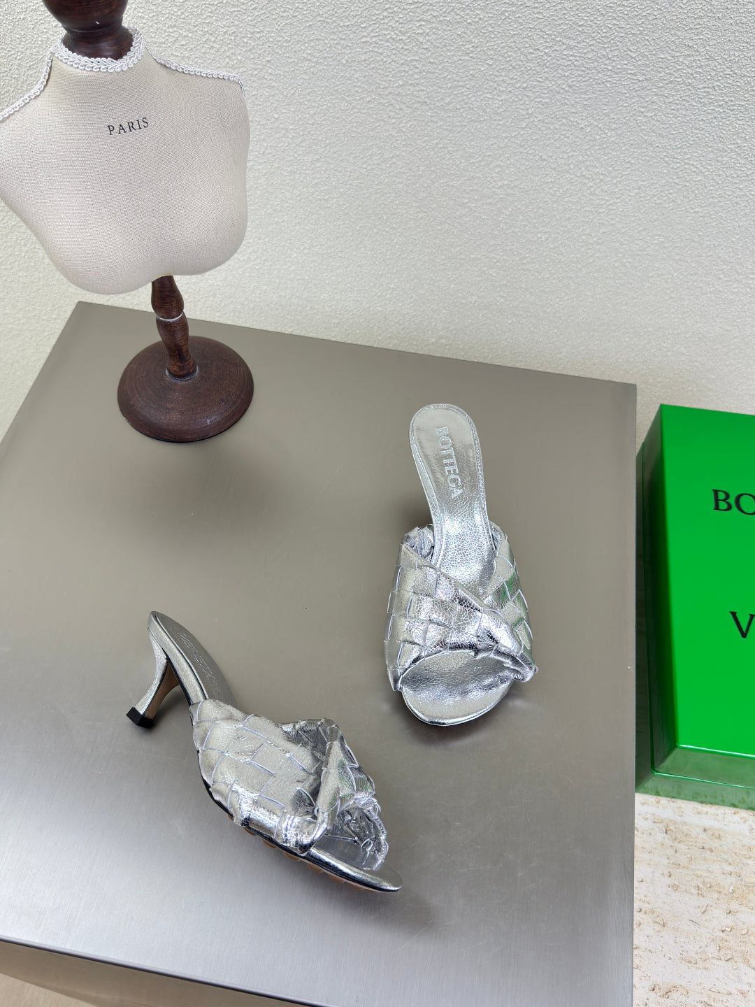 BV Blink Mule 5cm Silver Intrecciato Leather