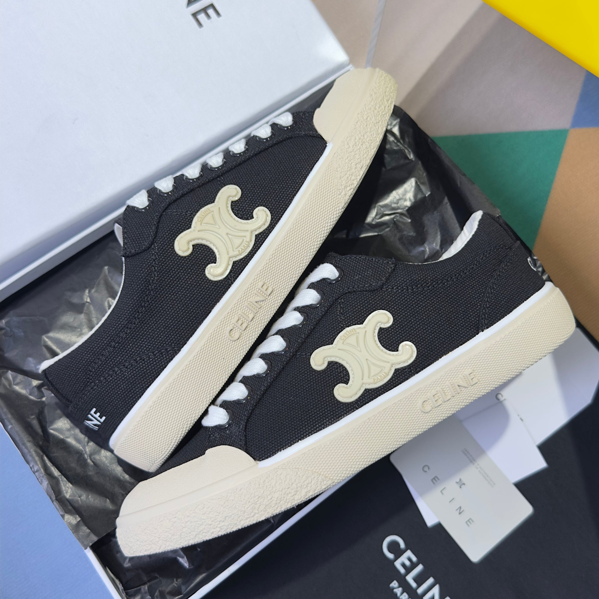 Celine 26s Lace-Up Sneakers In Black Canvas