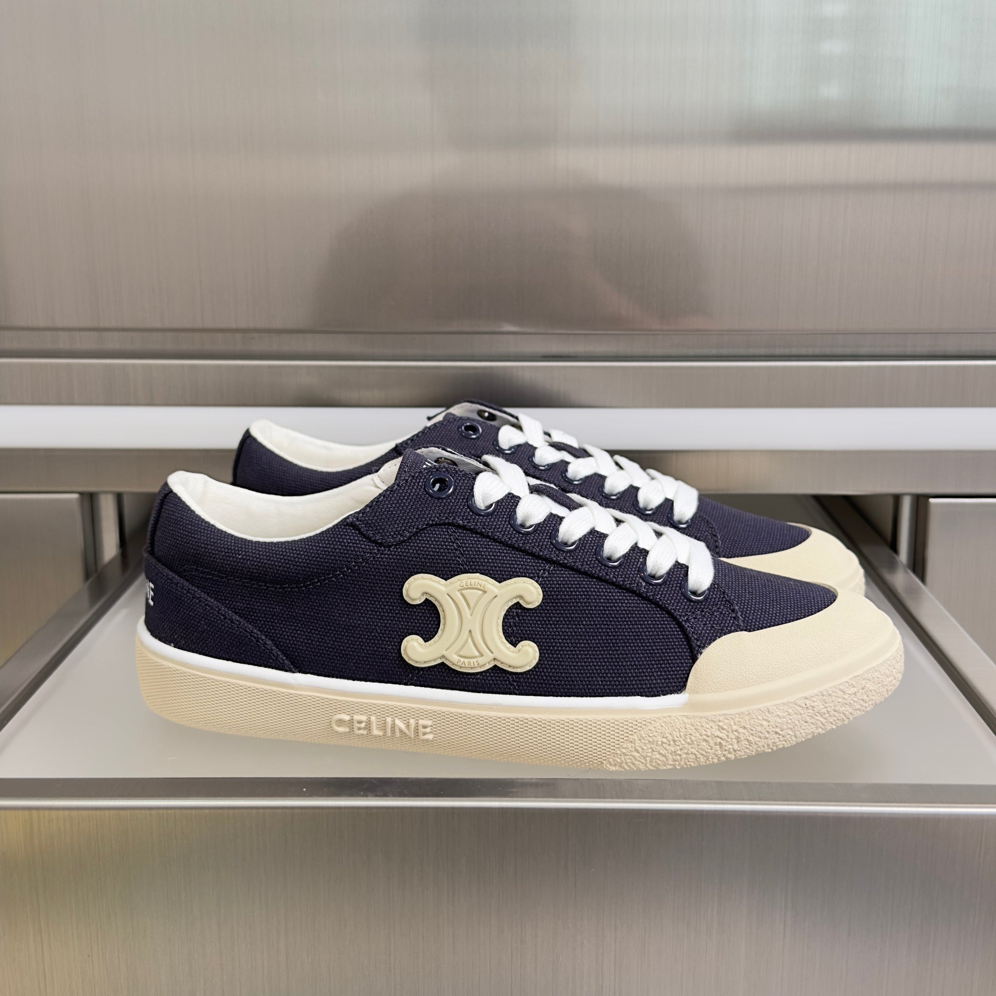 Celine 26s Lace-Up Sneakers In Navy Blue Canvas