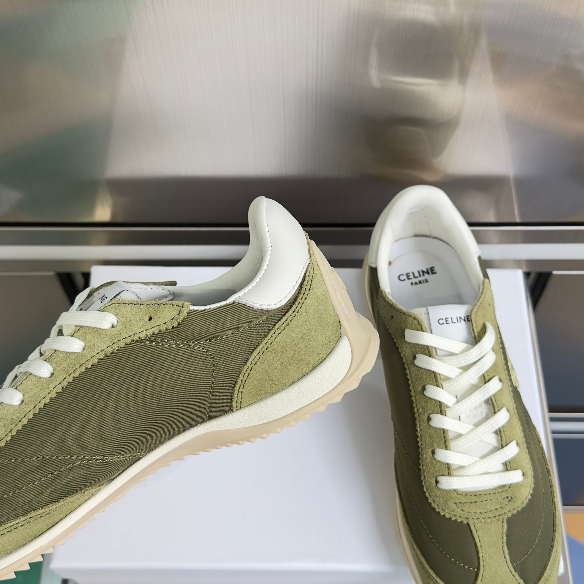 Celine 26s Racer Sneakers In Moss Green Fabric And Suede