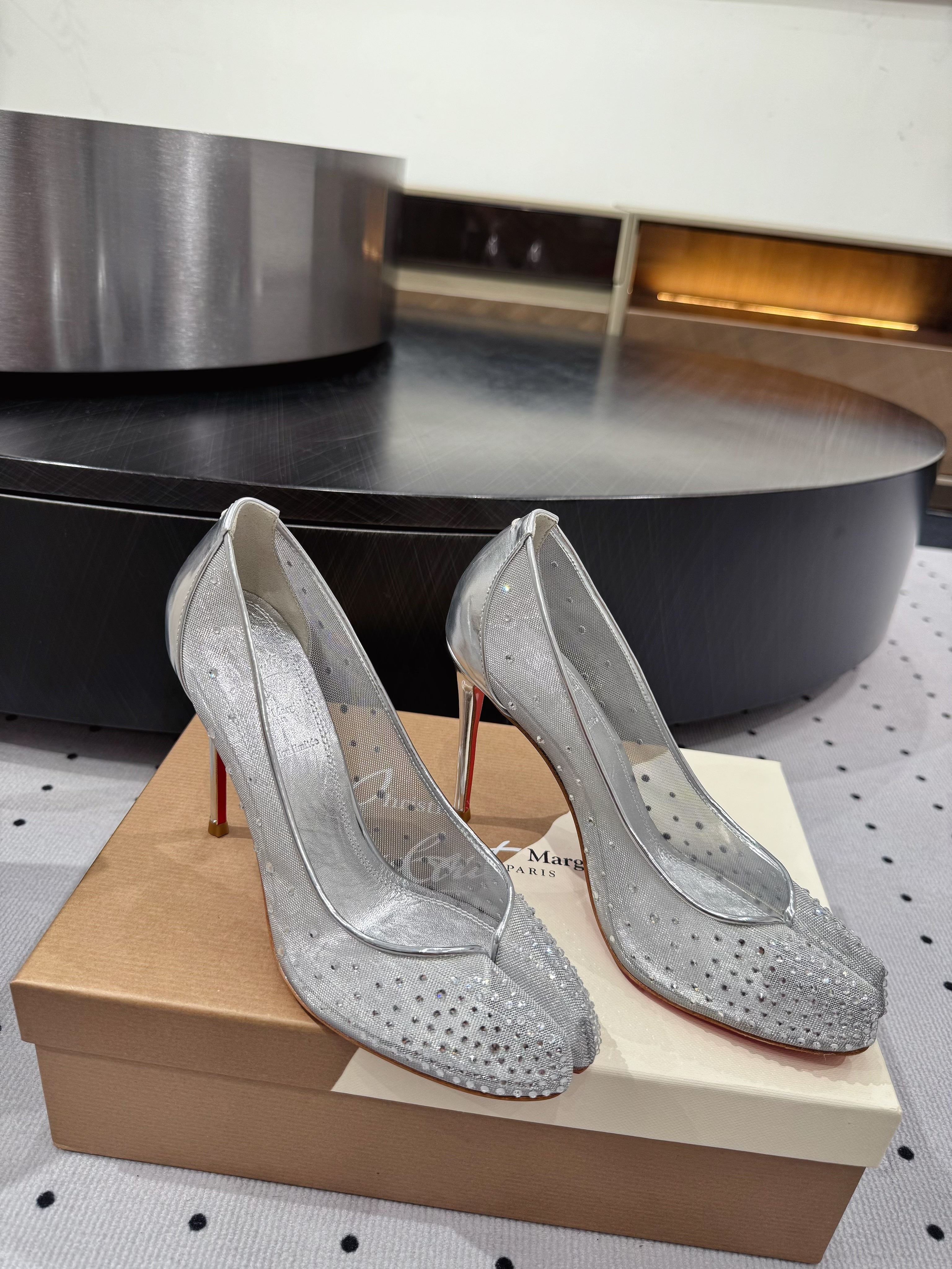CL x Margiela 25 Diamond Pumps Sliver Fabric Lace Swarovski 296039