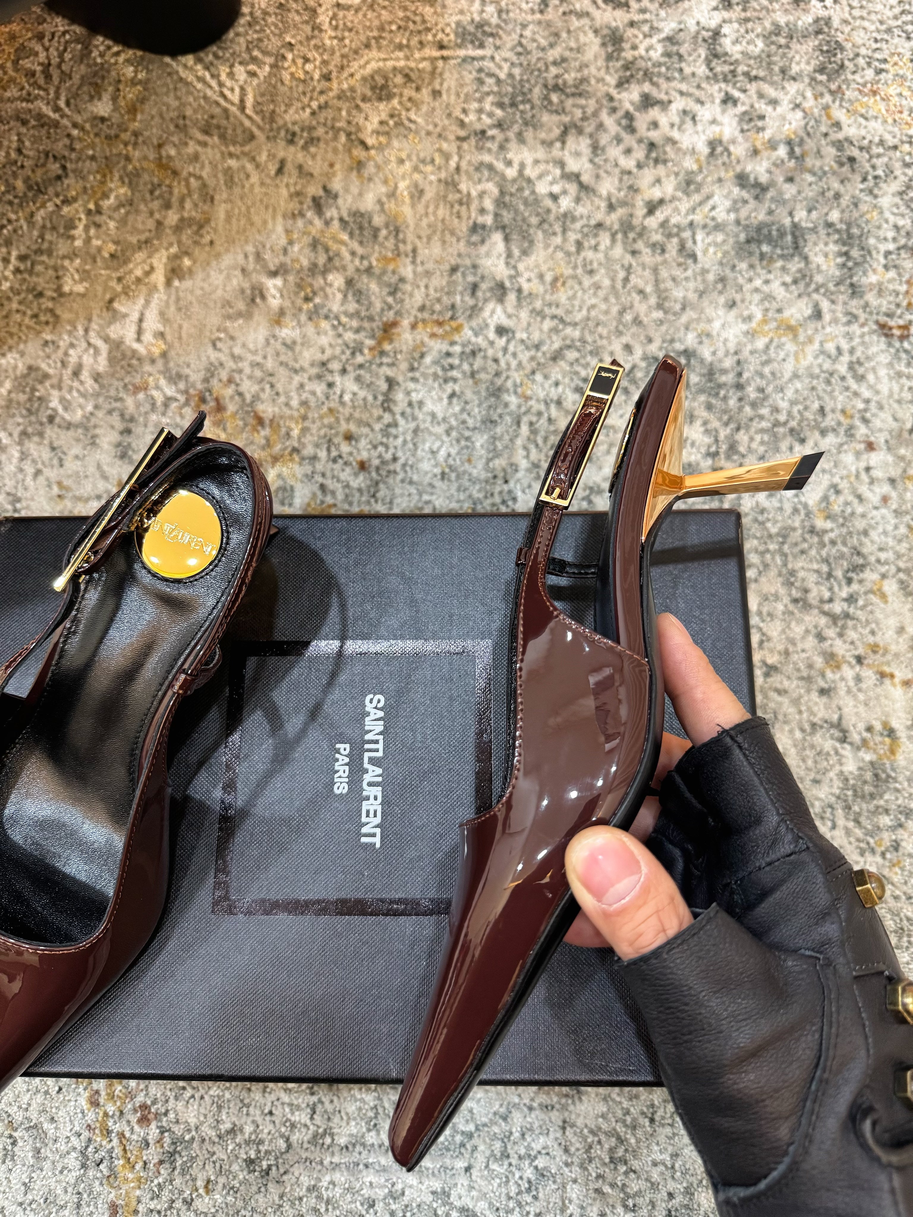 YSL Anne-Marie Slingback 8cm Burgundy Patent Leather 637220