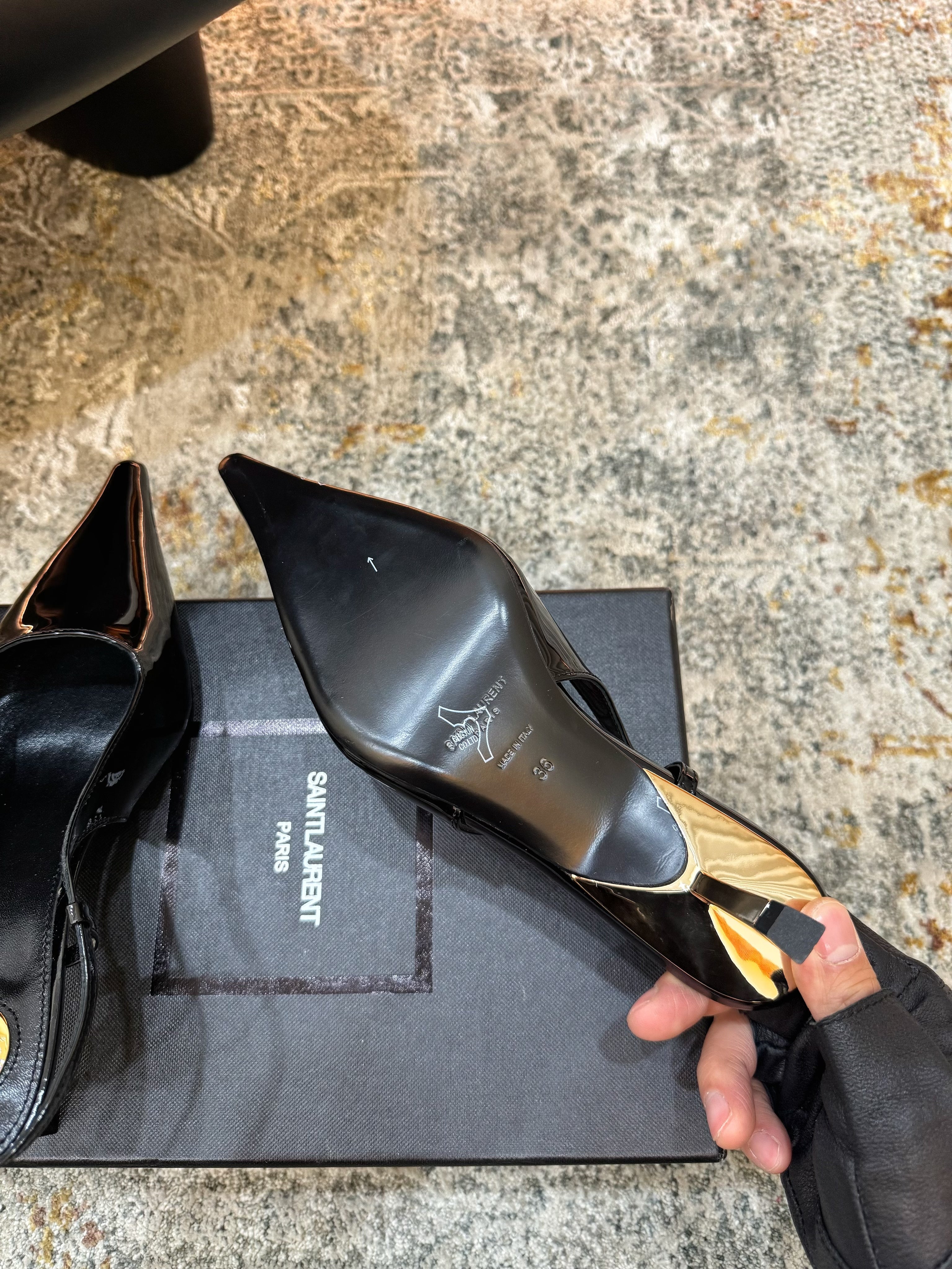 YSL Anne-Marie Slingback 8cm Black Patent Leather 637221