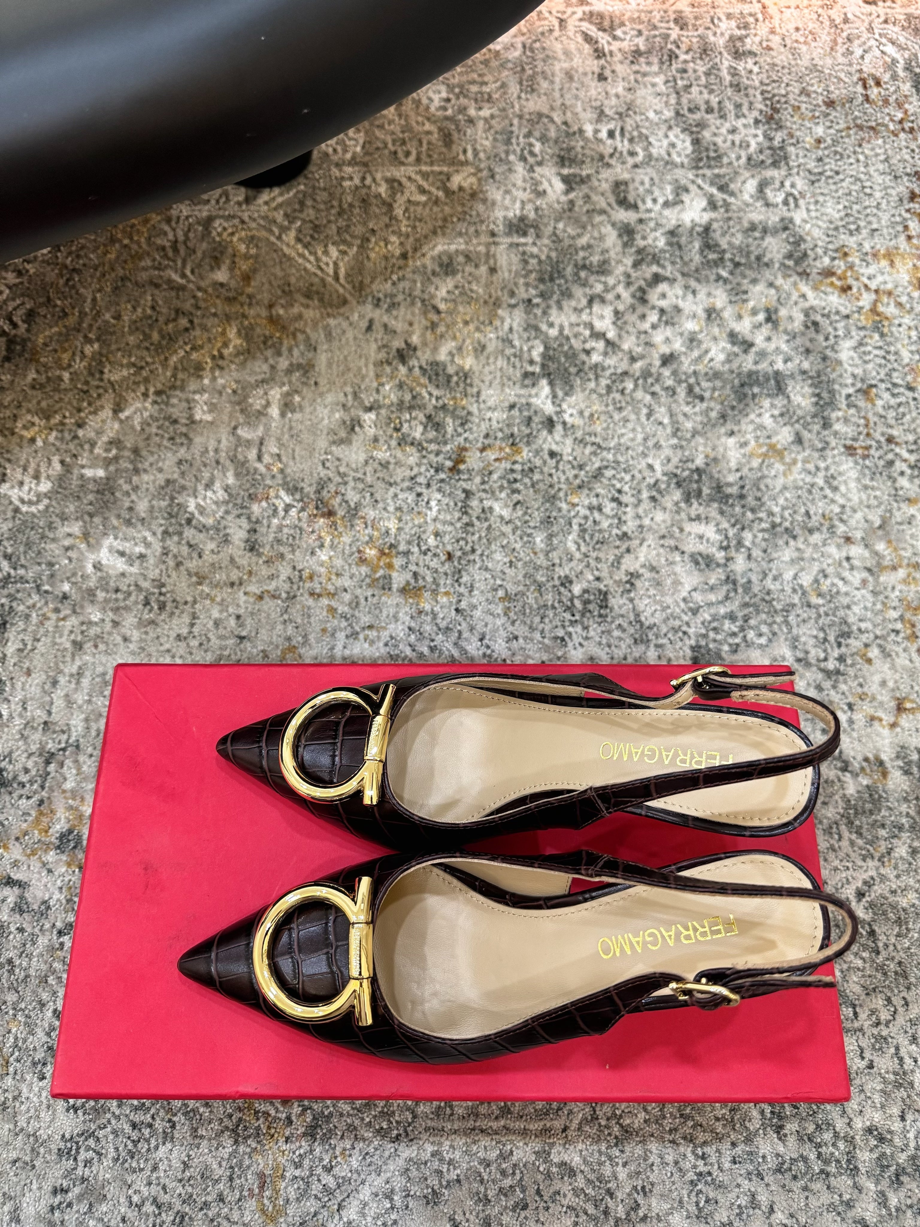 Ferragamo Maxi Gancini Slingback 7.5cm Black Embossed Cowhide 694841