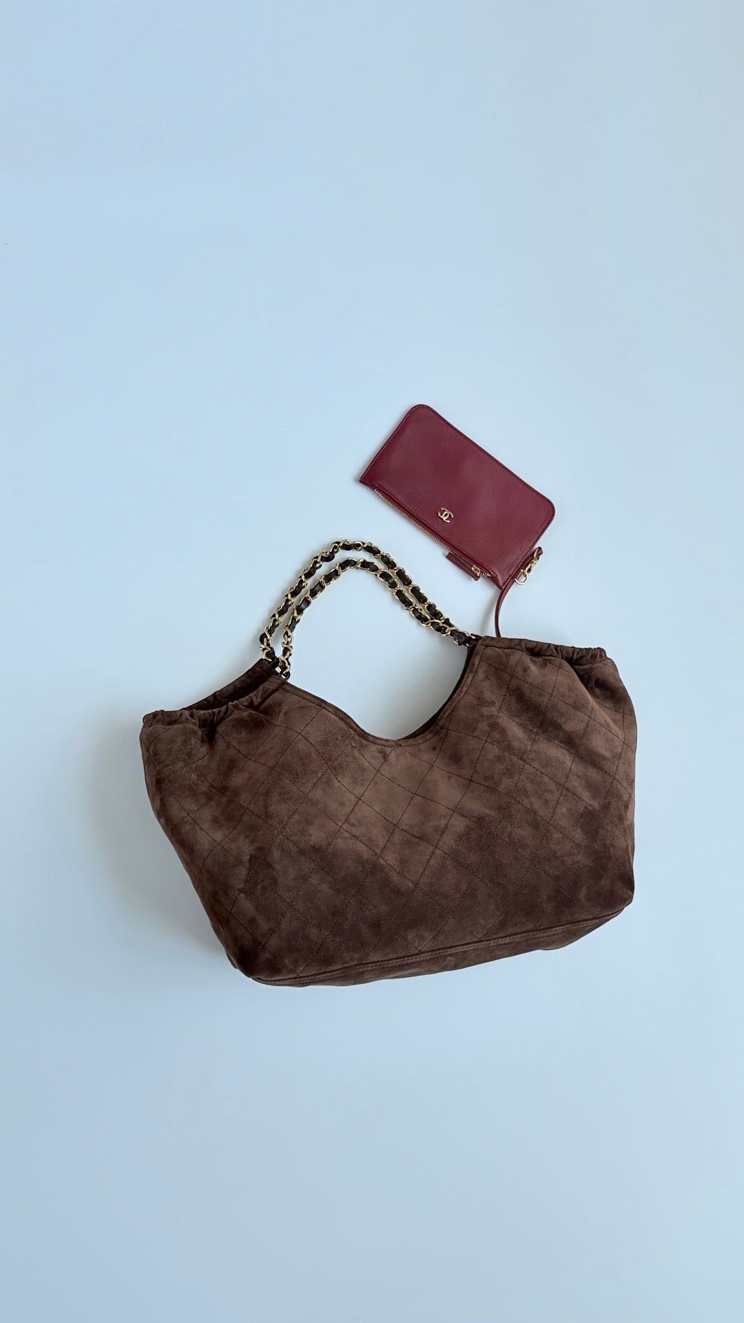 CC 26s Cabas Hobo Brown Suede With Burgundy Pouch