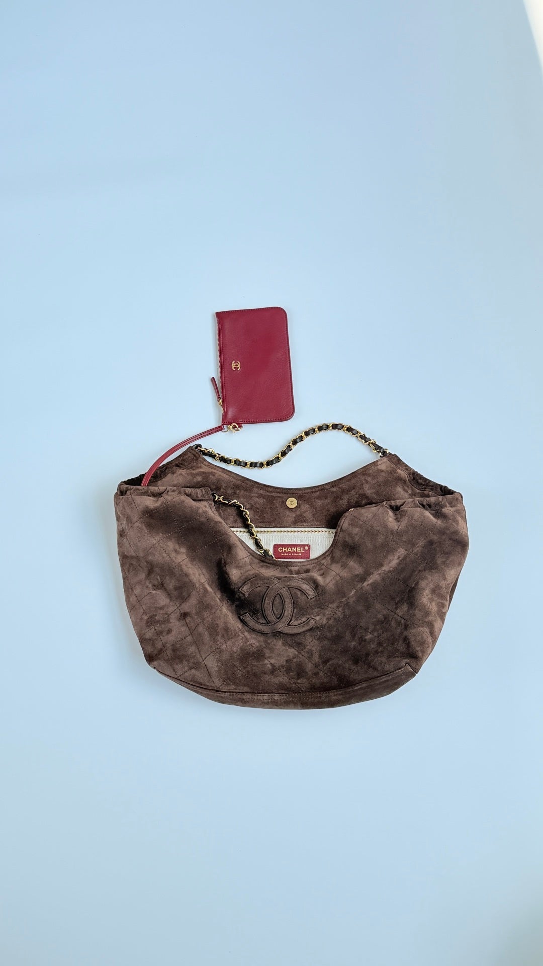 CC 26s Cabas Hobo Brown Suede With Burgundy Pouch