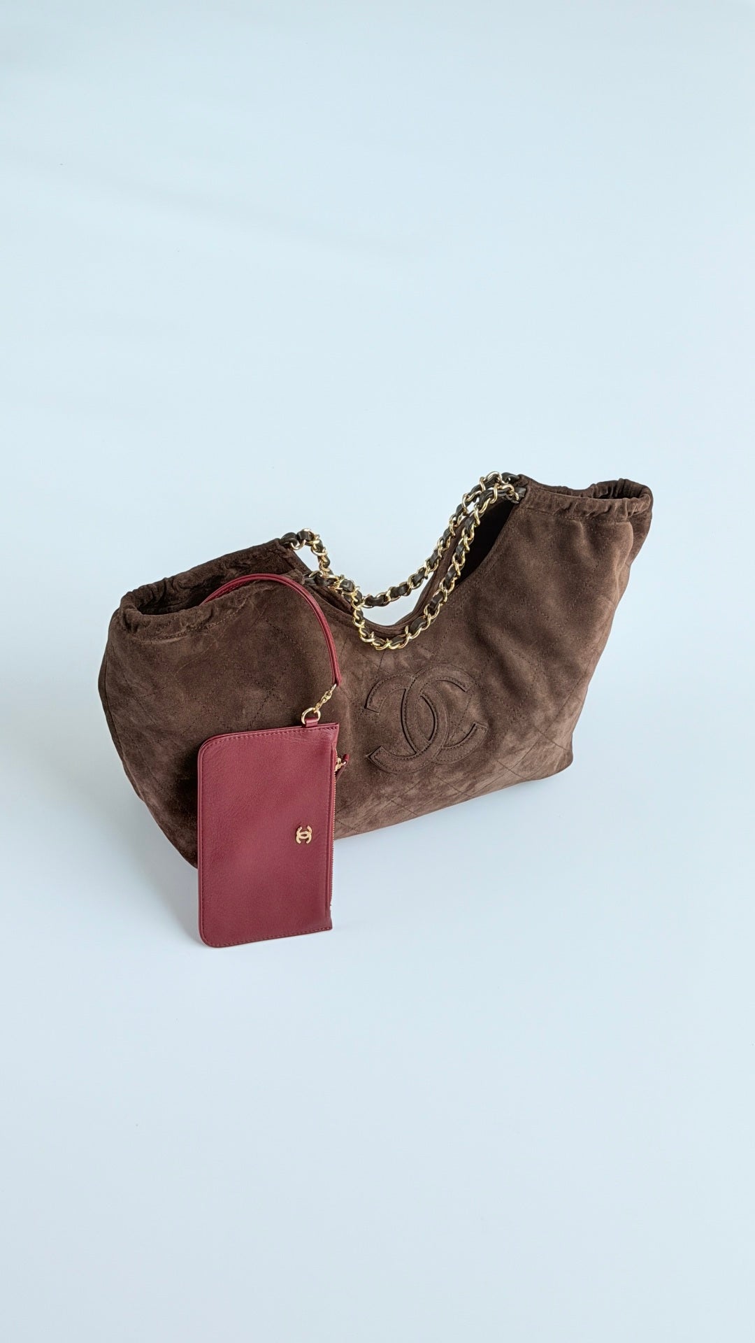 CC 26s Cabas Hobo Brown Suede With Burgundy Pouch