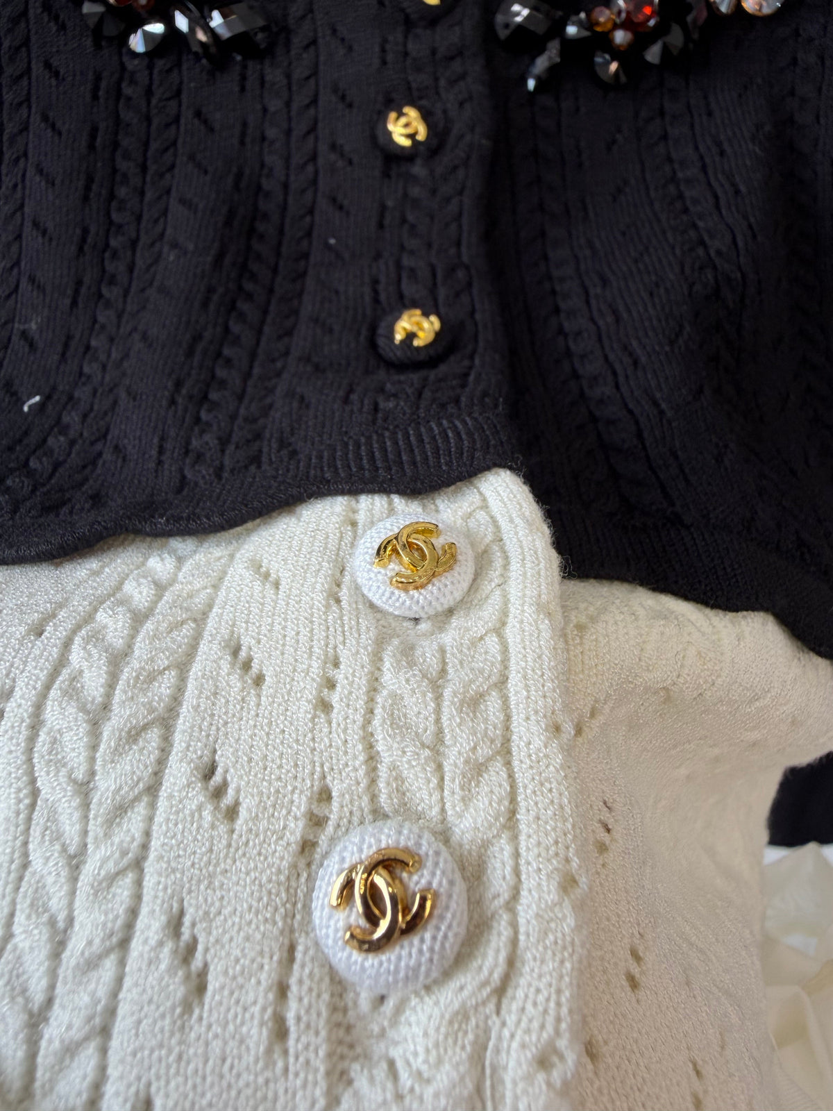 Chanel 26s Cardigan Colorblock Embellished Ruffle-Trim Black-White 429792