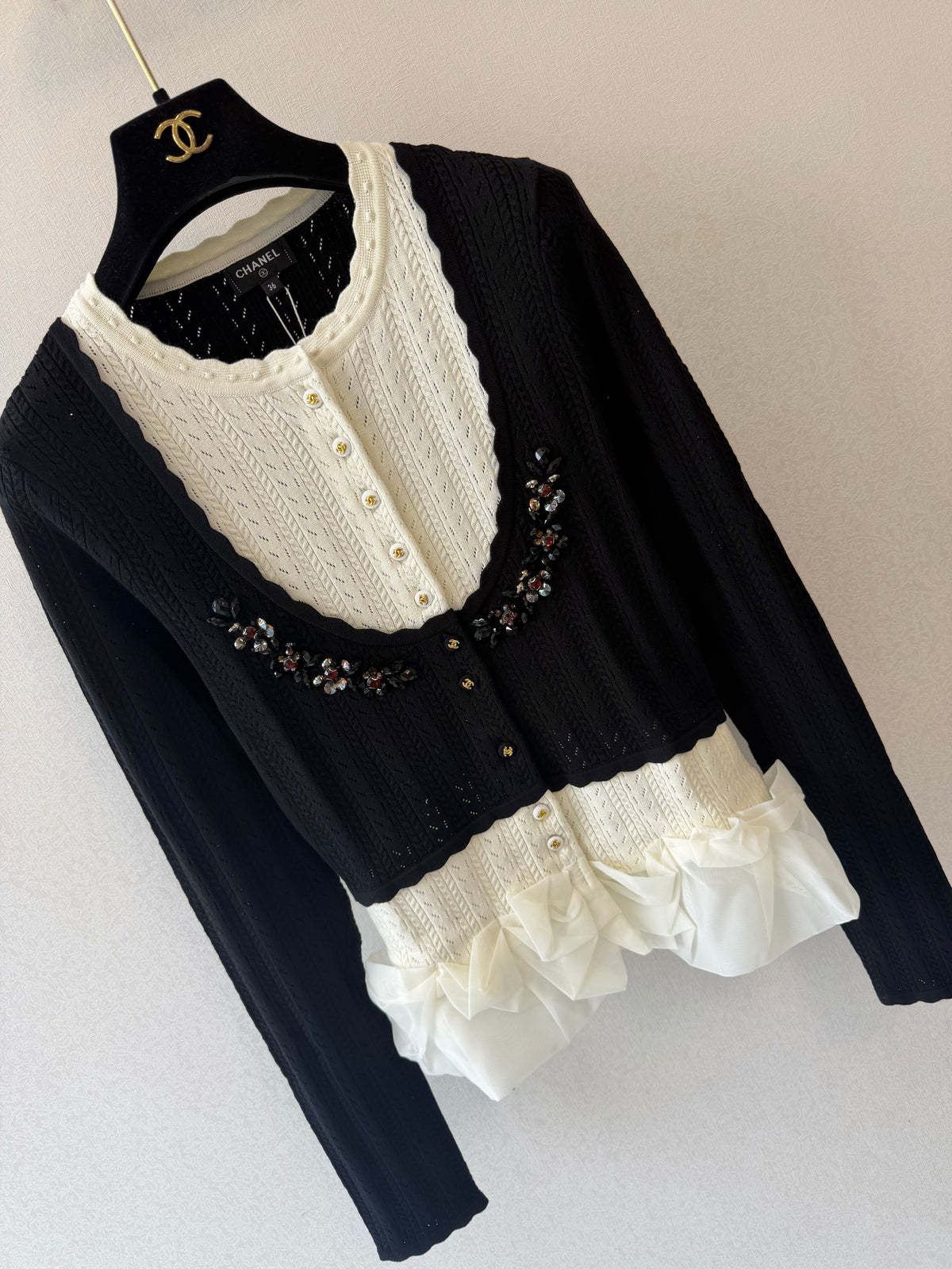 Chanel 26s Cardigan Colorblock Embellished Ruffle-Trim Black-White 429792