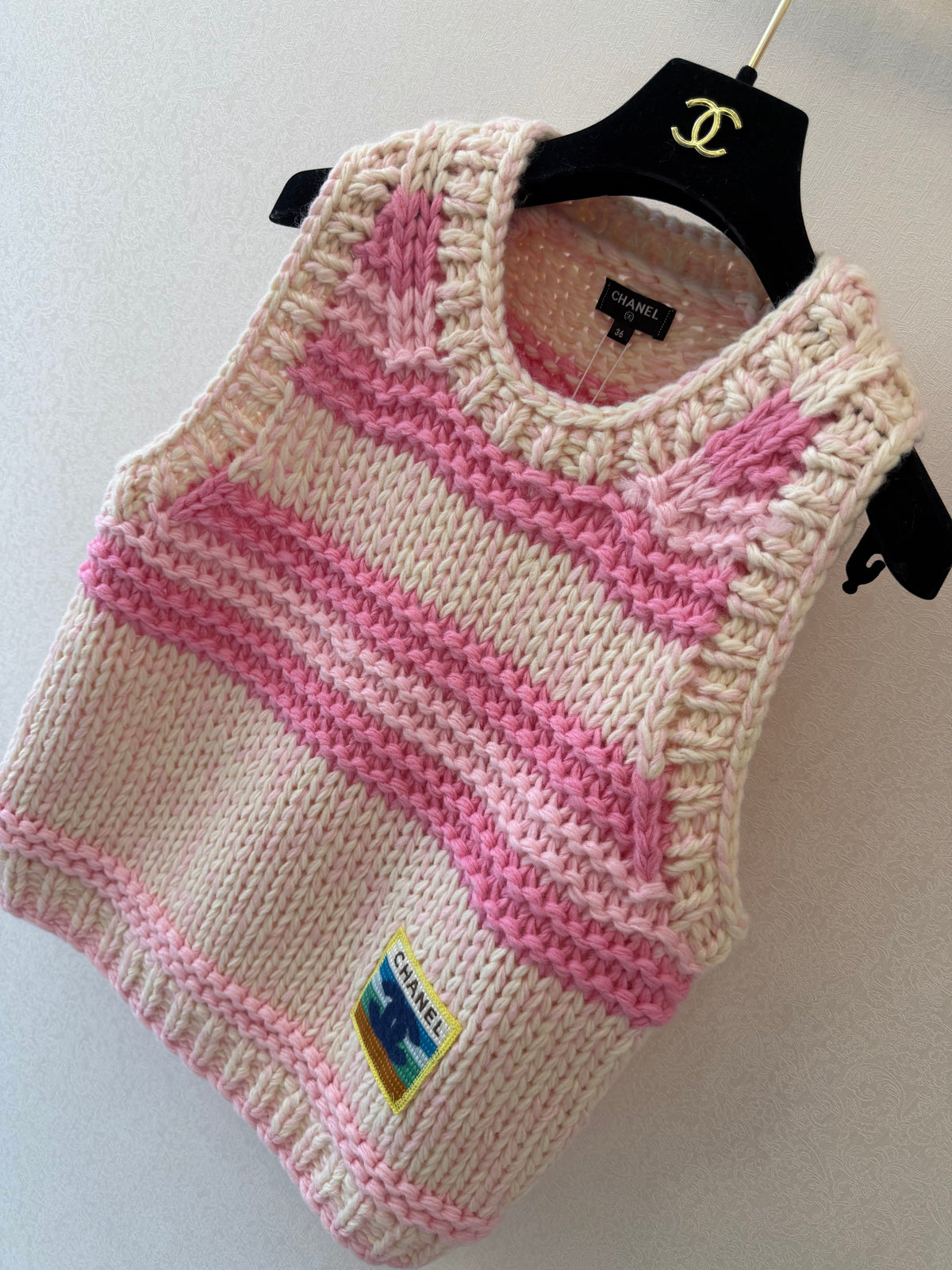 Chanel 26s Knit Vest Striped Pink Beige Cashmere 654321