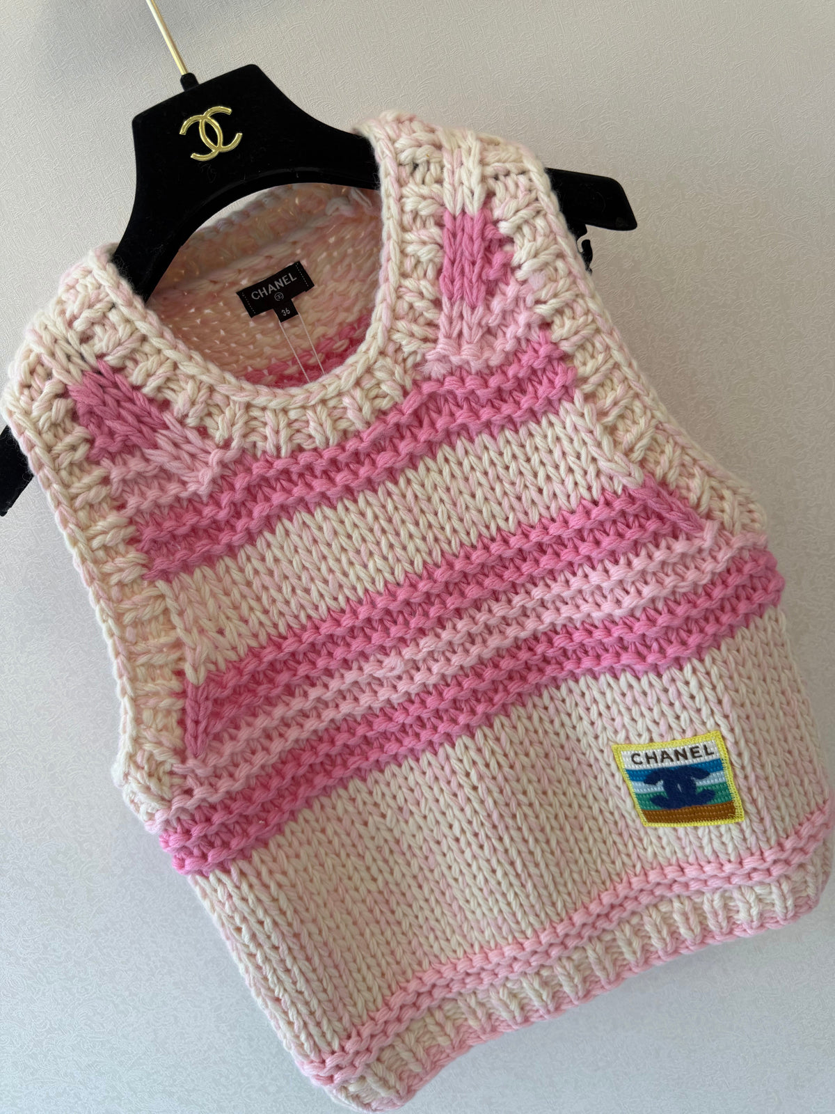 Chanel 26s Knit Vest Striped Pink Beige Cashmere 654321