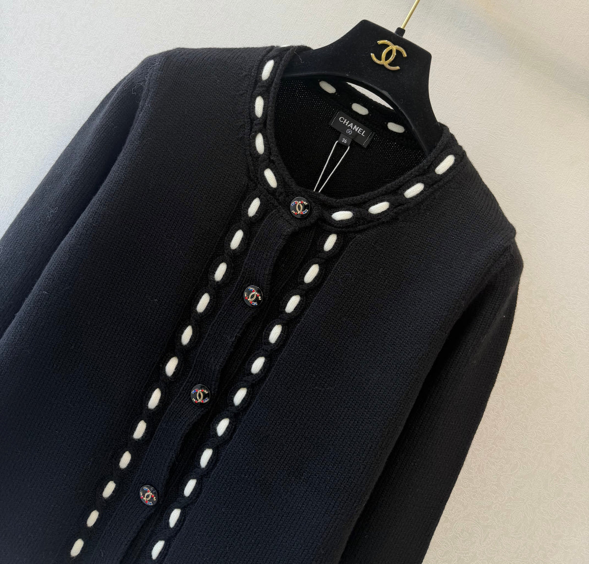 Chanel 26s Cardigan Contrast Trim Black Wool Cashmere 429782