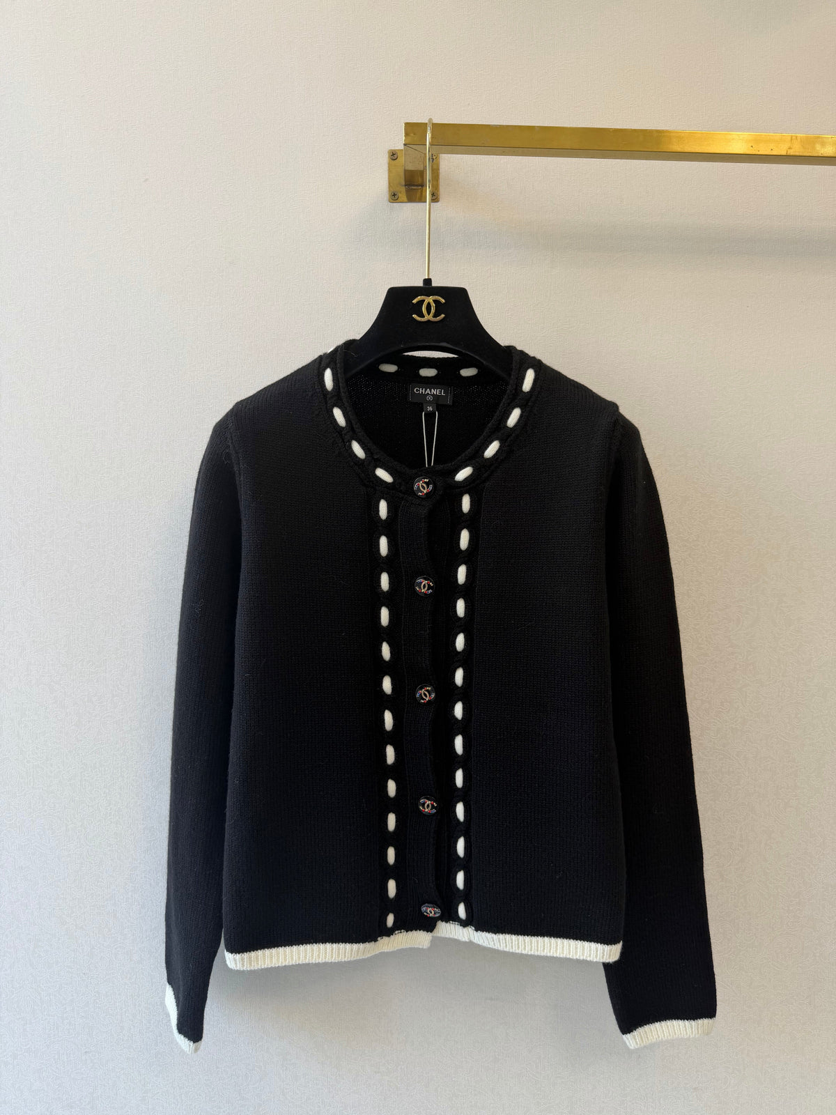 Chanel 26s Cardigan Contrast Trim Black Wool Cashmere 429782
