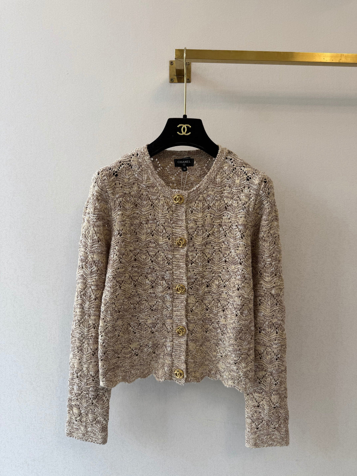 Chanel 26s Open Knit Cardigan Beige Cotton Wool 429779