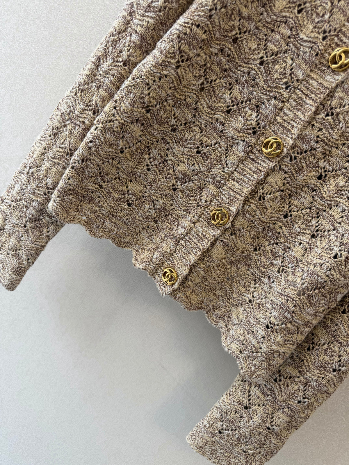 Chanel 26s Open Knit Cardigan Beige Cotton Wool 429779