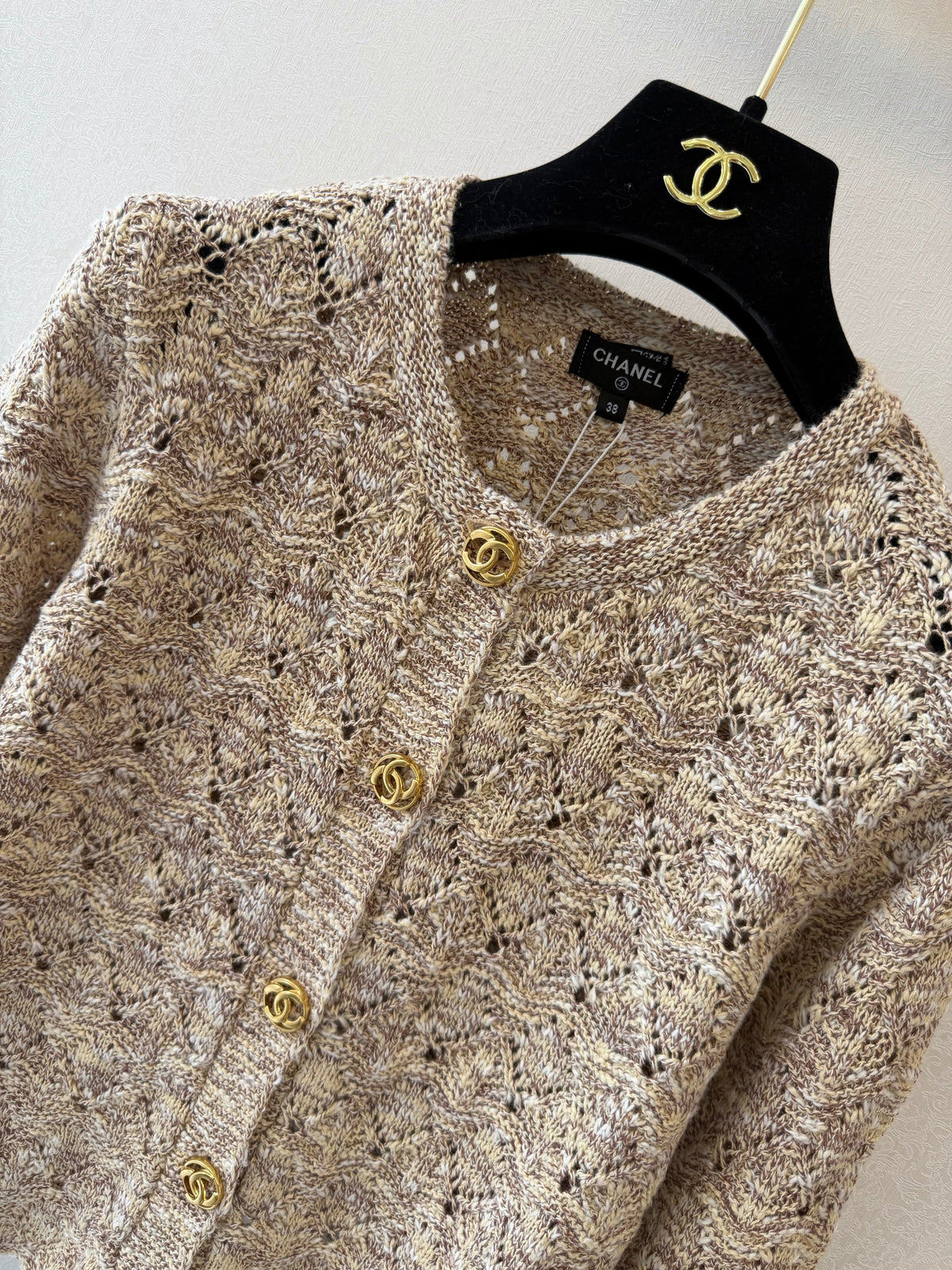Chanel 26s Open Knit Cardigan Beige Cotton Wool 429779