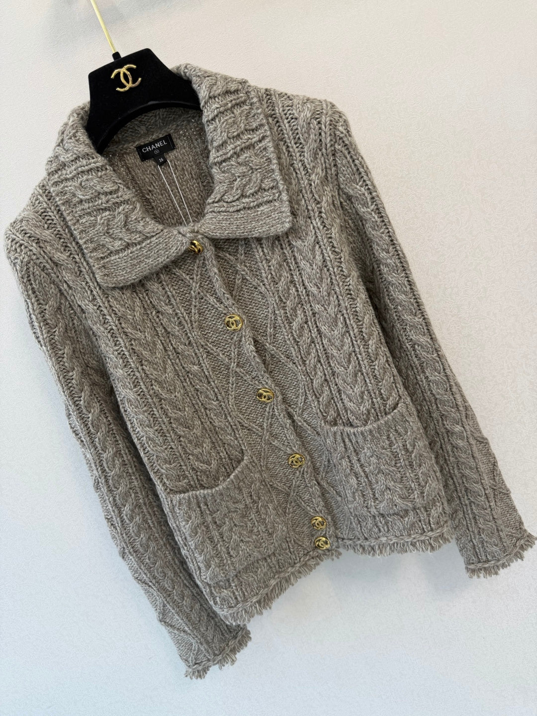 Chanel 2026 Gold Button Cable Knit Collared Cardigan Jacket Cashmere 438300