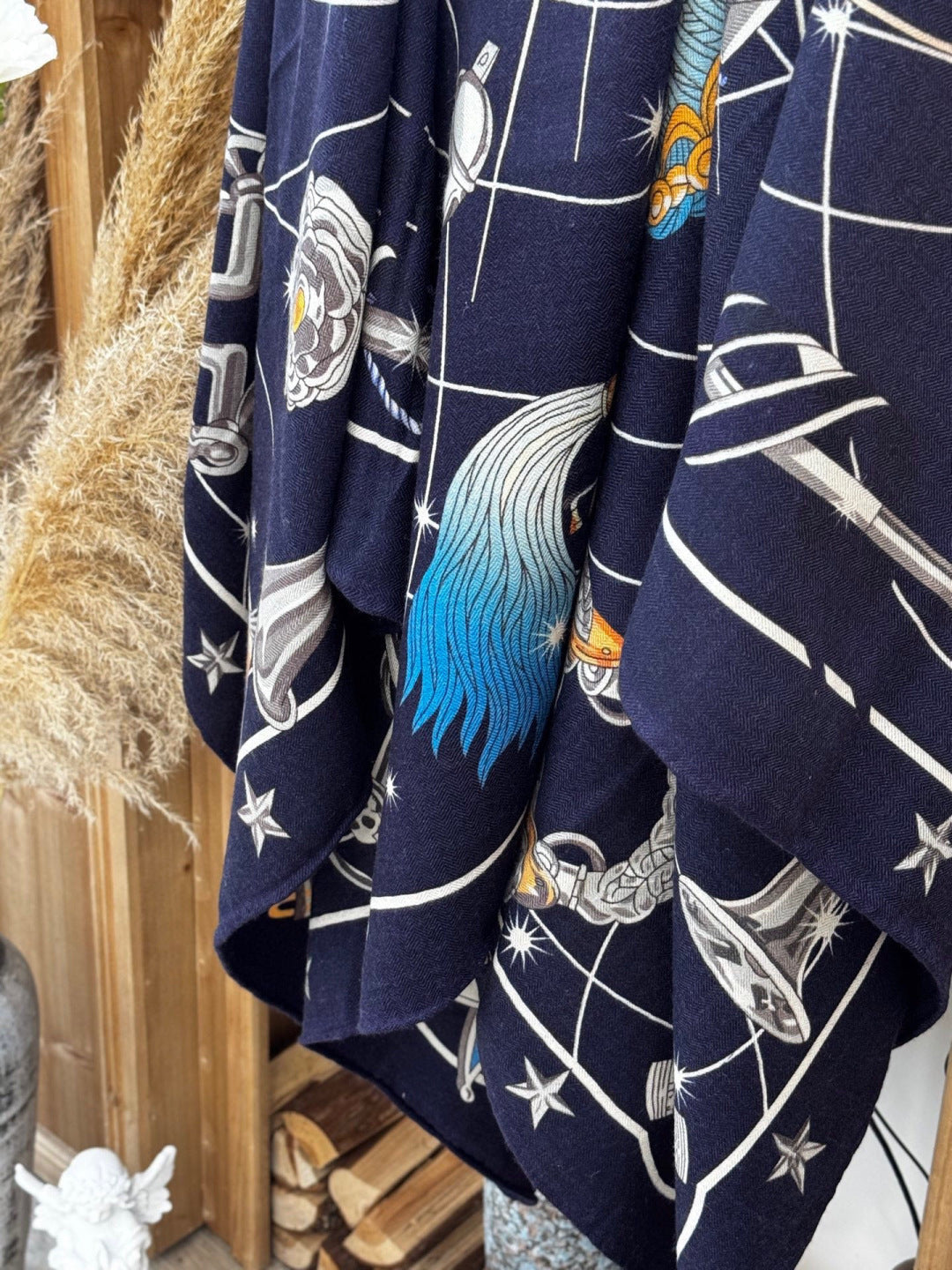 HM Starry Night Chorus Double-Sided Scarf 140cm Navy Blue Silk Cashmere 143715