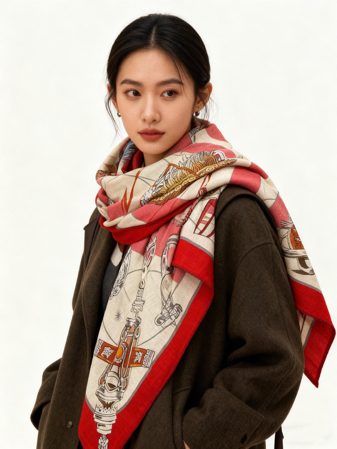 HM Starry Night Chorus Double-Sided Scarf 140cm Red Silk Cashmere 143717