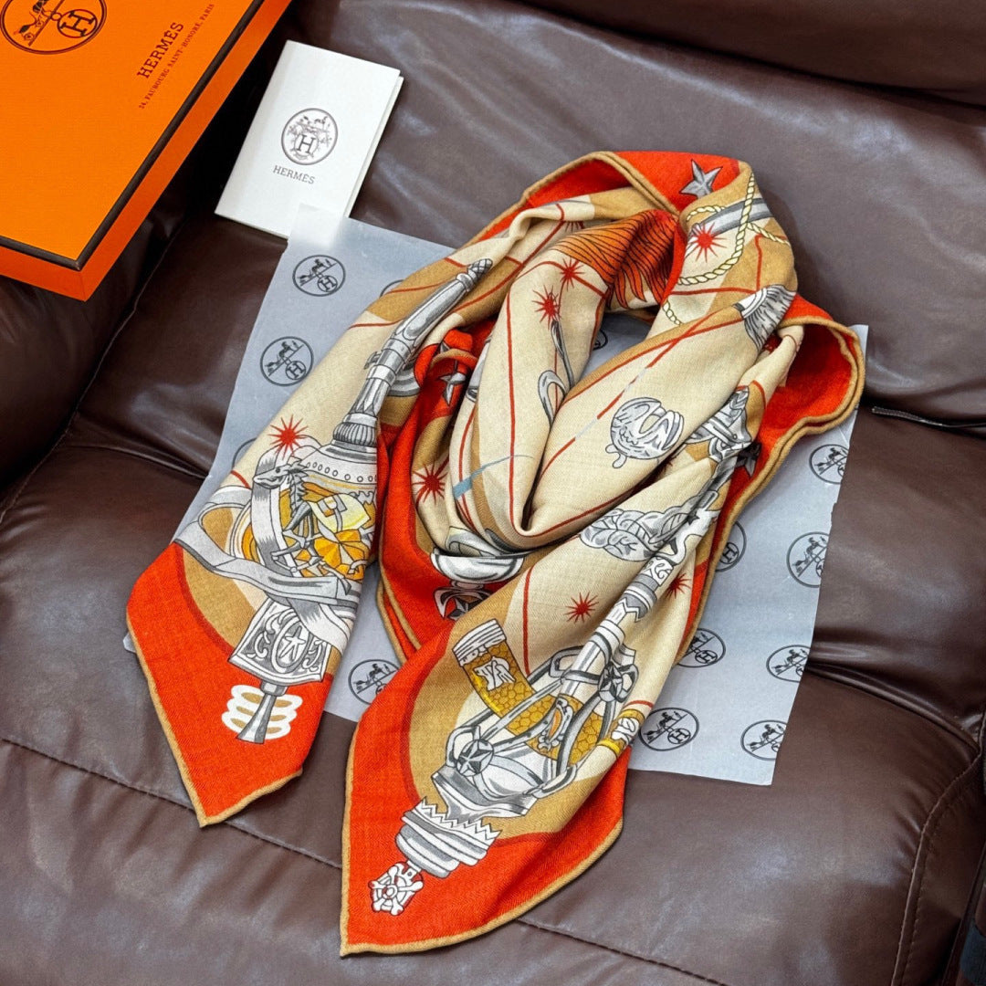 HM Starry Night Chorus Double-Sided Scarf 140cm Peach Orange Silk Cashmere 143719