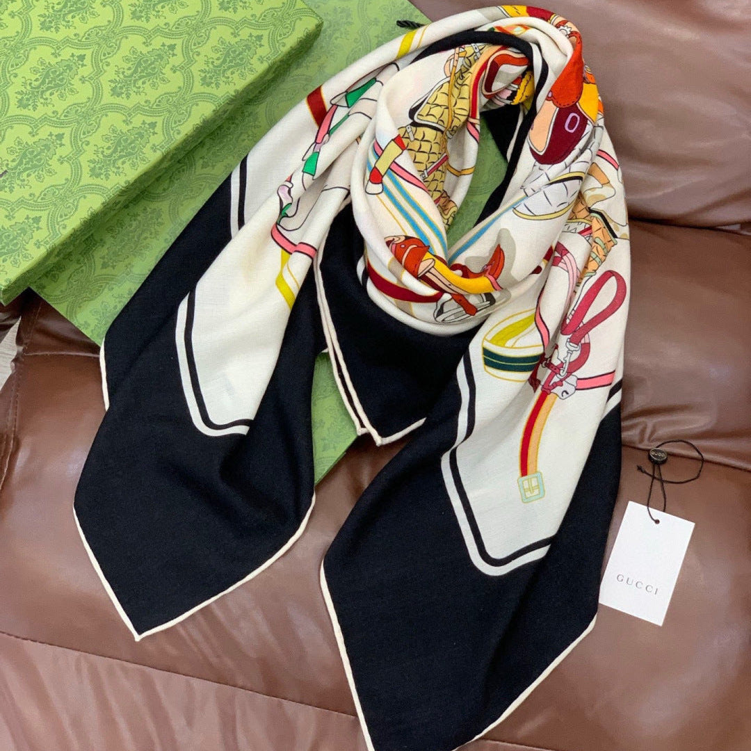 GG Double-sided Scarf Black White 135CM Cashmere Silk 143721