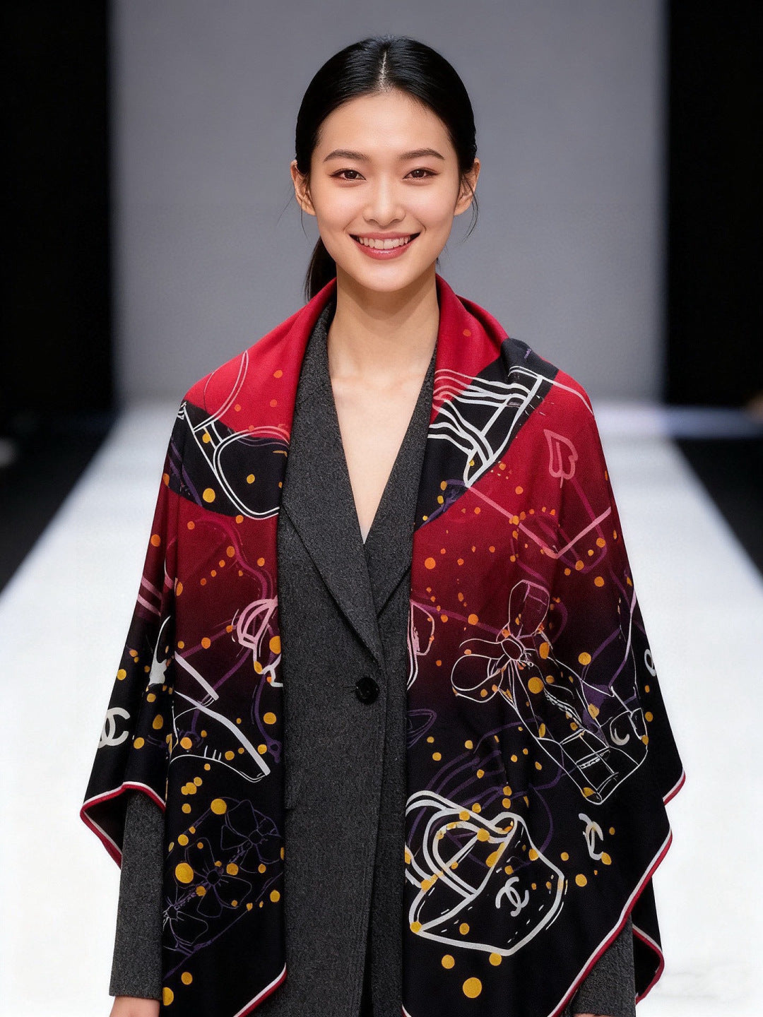 CC Double-sided Scarf 135cm Red And Black Mulberry Silk Cashmere 143734