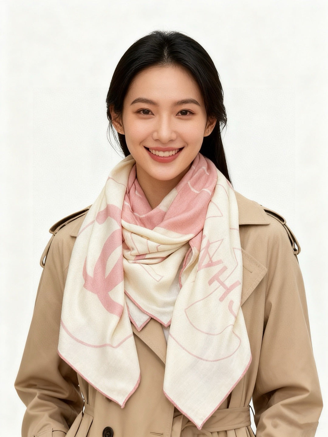 CC Double-Sided Scarf 135cm Light Pink White Silk Cashmere 153150