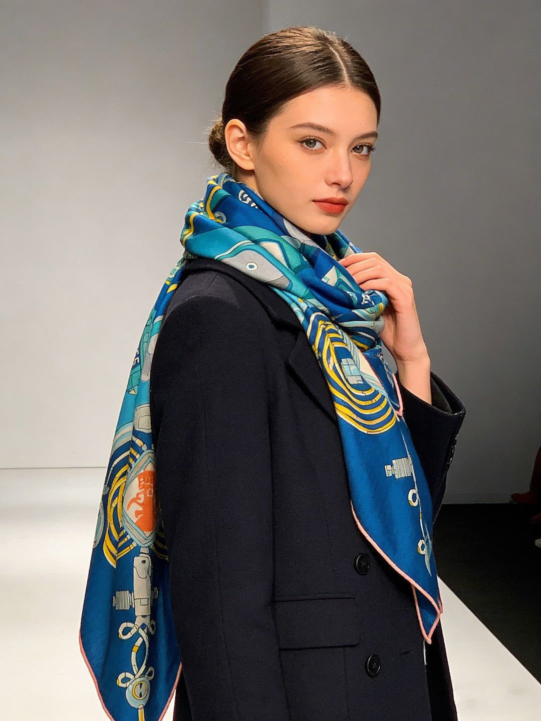 HM 26s Double-sided Scarf 140cm Bleu Turquoise Silk Cashmere 153161