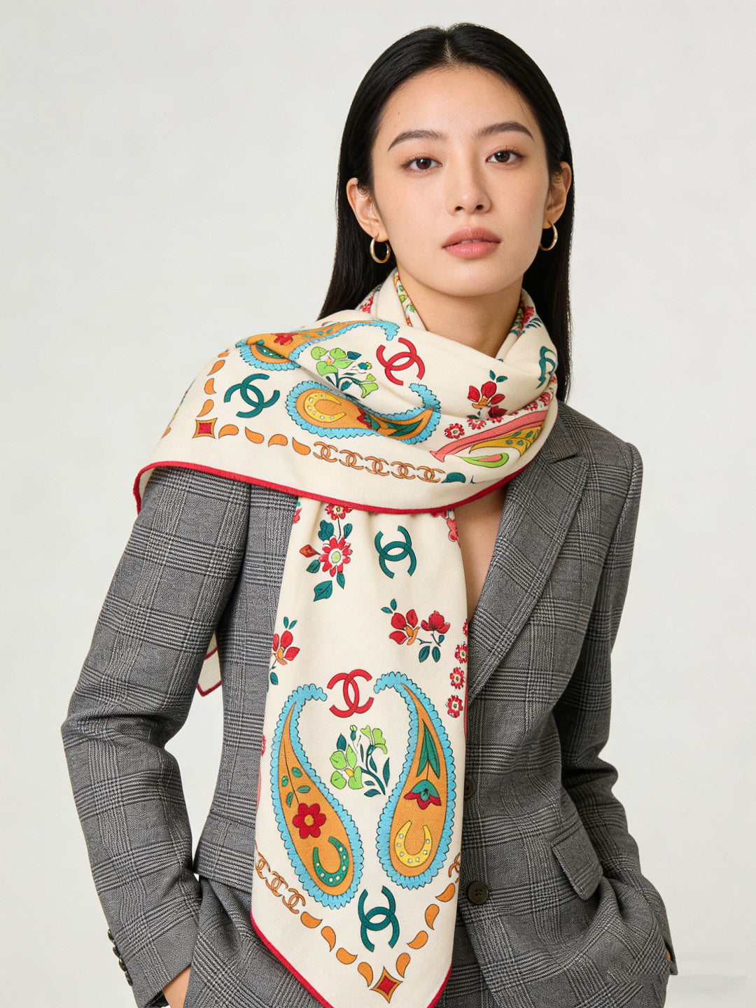CC Double-Sided Scarf 135cm Ivory Multicolor Mulberry Silk Cashmere 153168