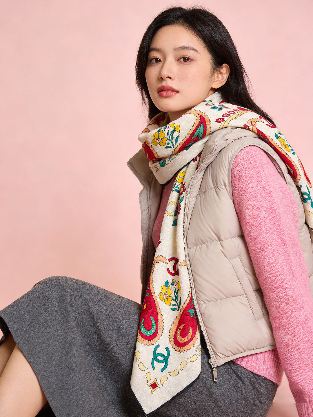 CC Double-Sided Scarf 135cm Ivory Mulberry Silk Cashmere 153169