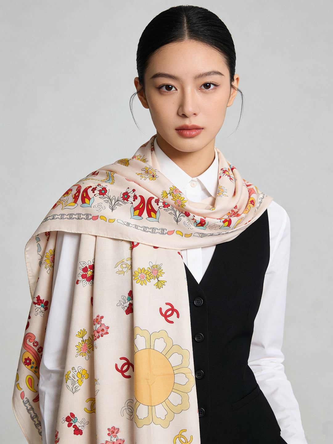 CC Double-Sided Scarf 135cm Ecru Off-white Cream Mulberry Silk Cashmere 153170