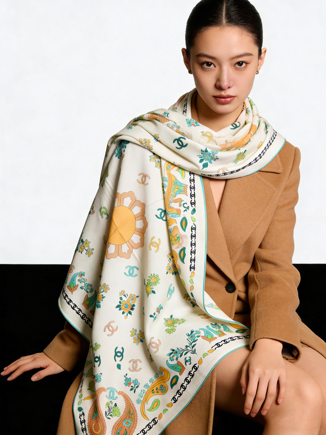 CC Double-Sided Scarf 135cm Cream Multicolor Mulberry Silk Cashmere 153171