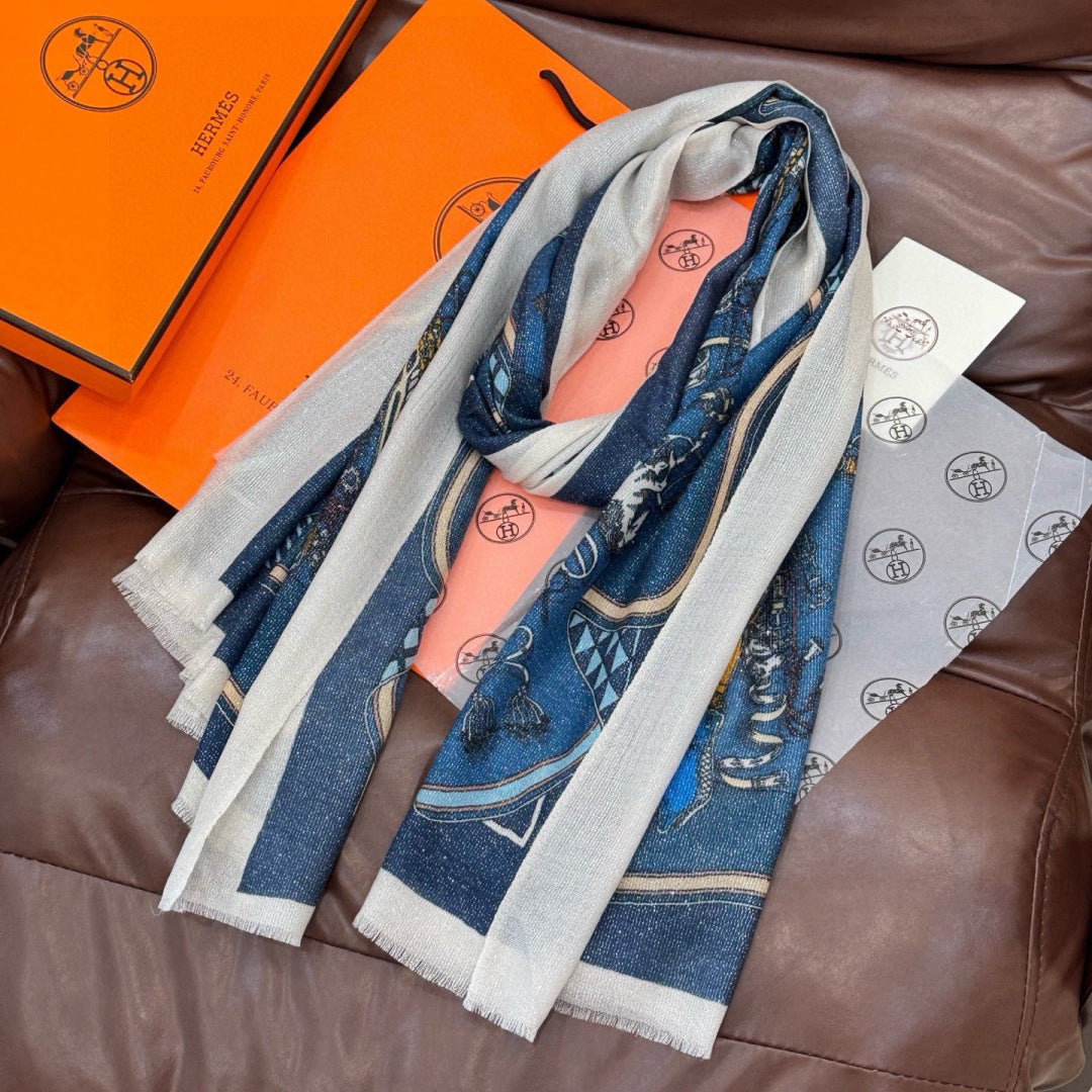 HM 26s Double-sided Scarf 200*100 Bleu Jeans Cashmere 153174