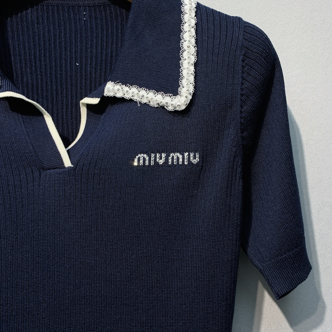 Miu SS26 Knitted Collared Lace Beaded Logo Top Dark Blue Cotton Silk 350905