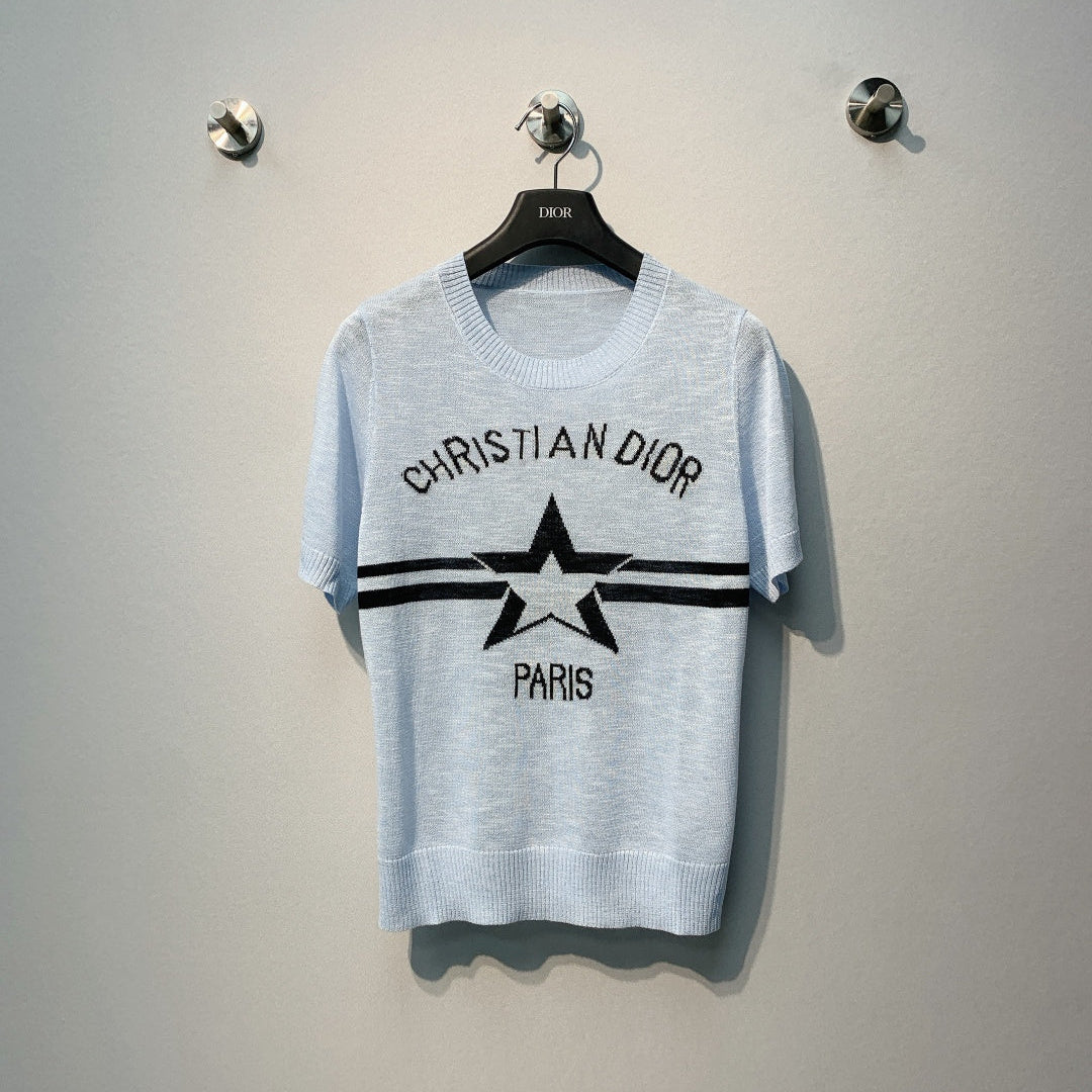 CD SS26 Signature and Star Short-Sleeved Sweater Light Blue Wool 350915