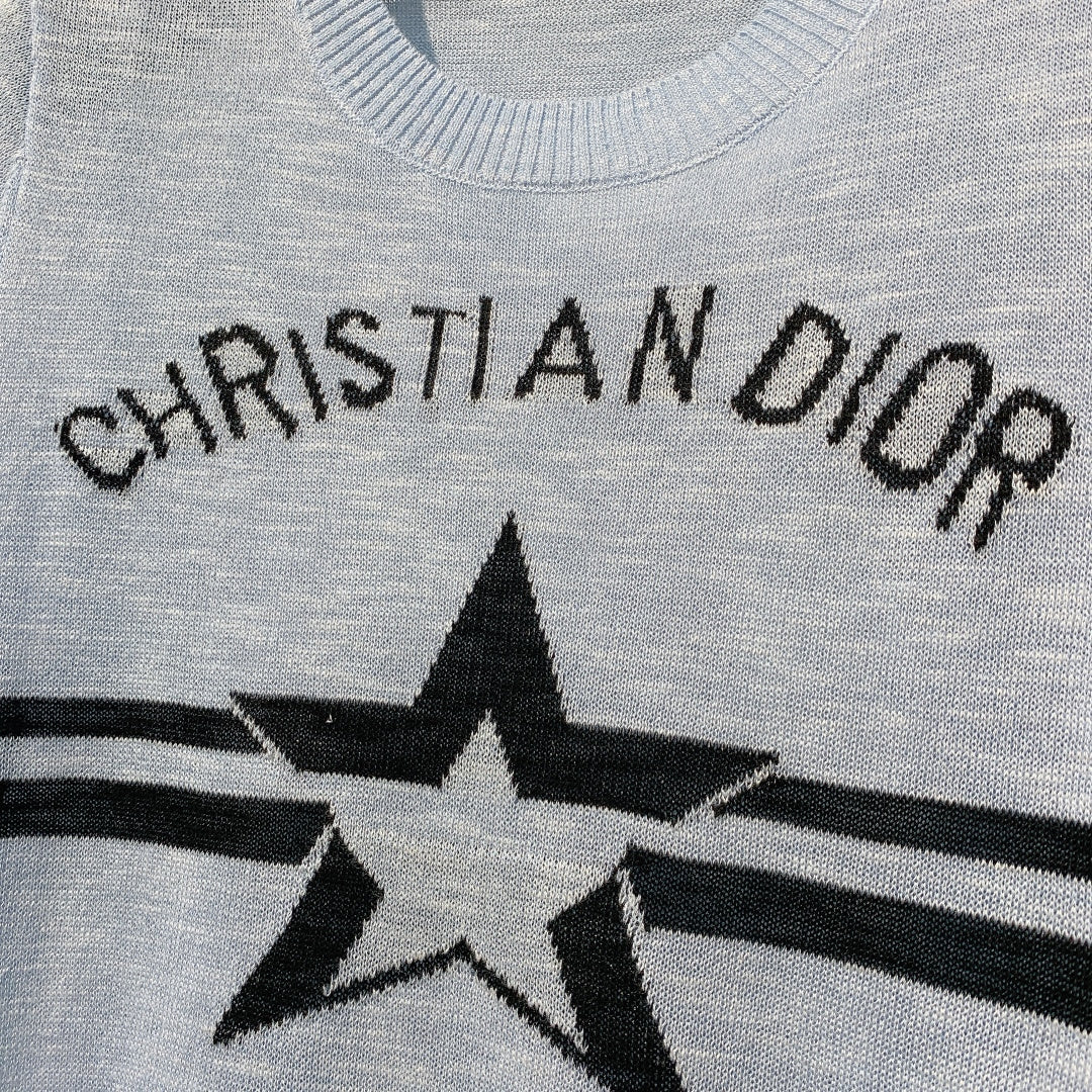 CD SS26 Signature and Star Short-Sleeved Sweater Light Blue Wool 350915