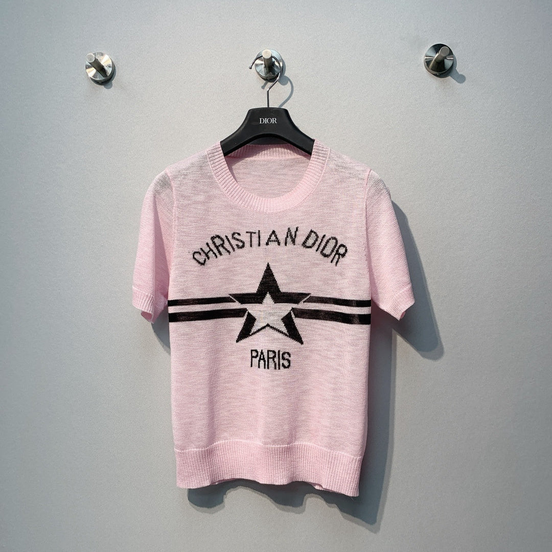CD SS26 Signature and Star Short-Sleeved Sweater Light Pink Wool 350916