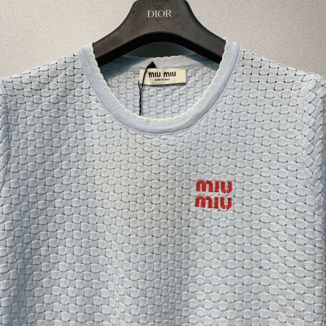Miu Miu Short-Sleeve Knitwear Light Blue Linen Acrylic Lyocell 362605
