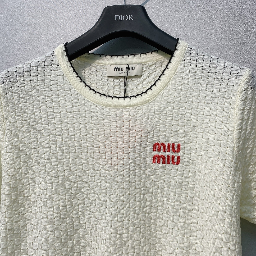 Miu Miu Short-Sleeve Knitwear White Linen Acrylic Lyocell 362609