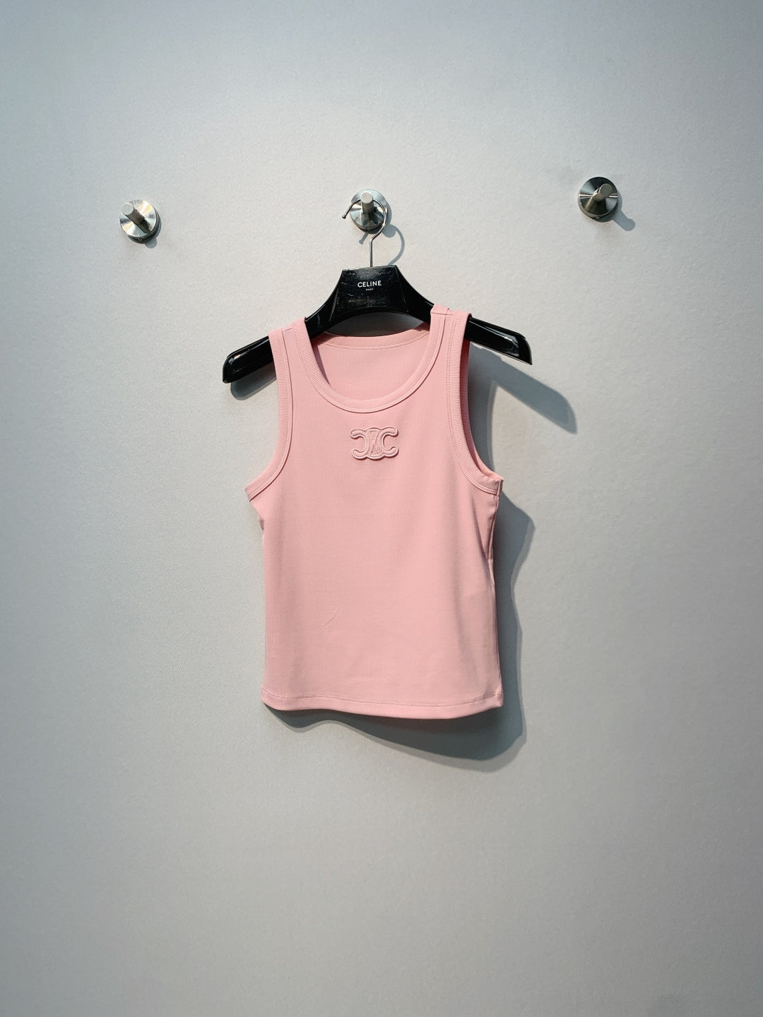 Celine Triomphe Tank Top Light Pink Ribbed Cotton