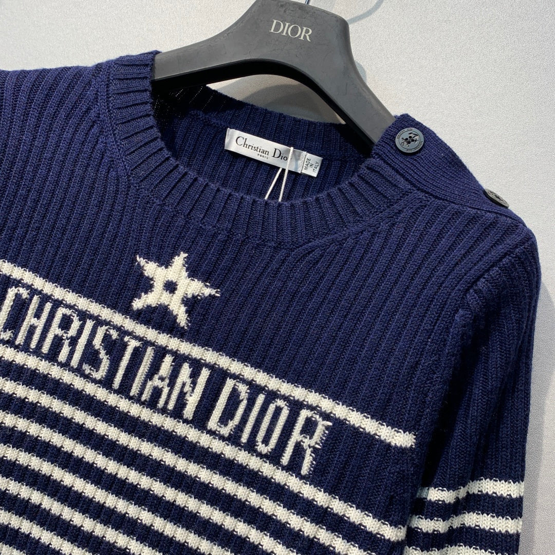 CD 26s Lucky Star Striped Knit Sweater Dark Blue White Wool 413833